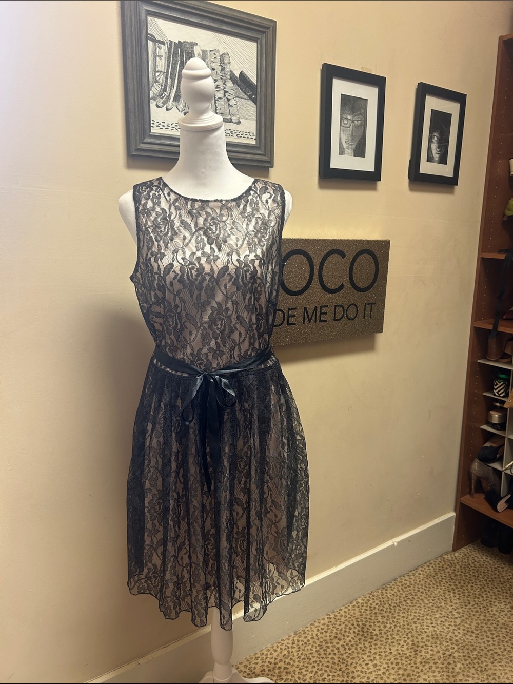 Sheer Lace Overlay Dress with Satin Waist Tie - Black